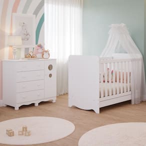 Quarto de Bebê Completo Berço Americano Ben 3 em 1 Cômoda 1 Porta 3 Gavetas 100% MDF Bolinha