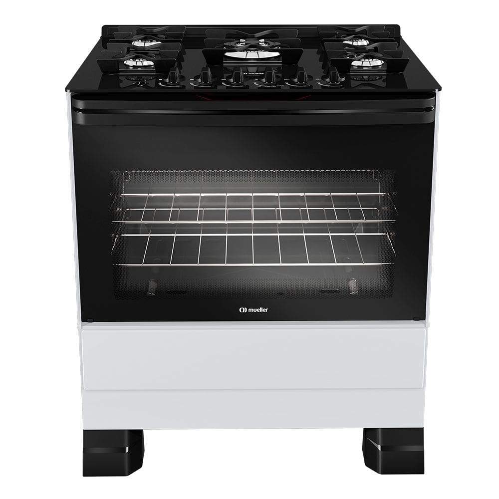 Fogão 5 Bocas a Gás Mueller MFV5BF Mesa de Vidro Acendimento Automático Tripla Chama Branco Bivolt