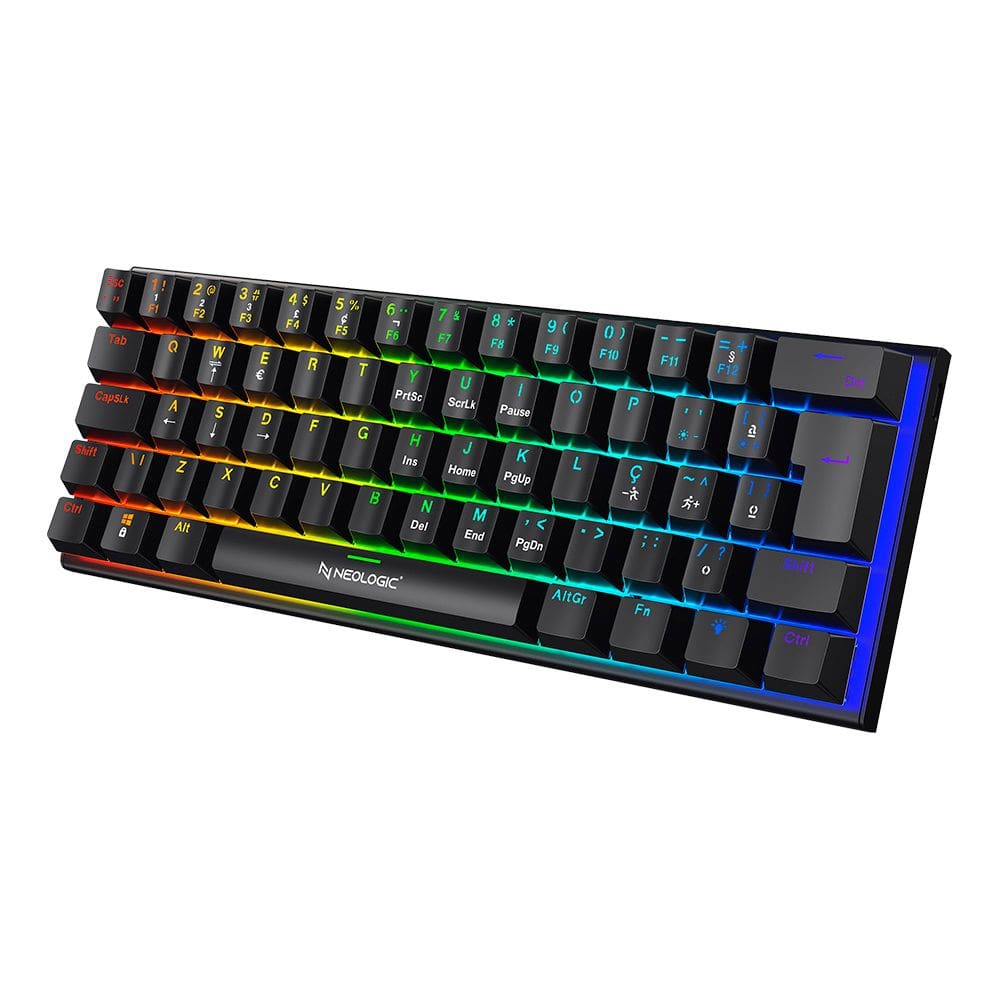 Teclado Gamer Mecânico Neologic Precision Dark 60% Rainbow 61 Teclas Switch Blue Preto Cabo Tipo C - Predrk-Blue