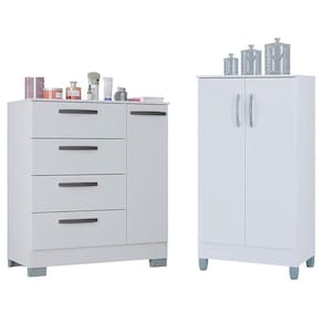Cômoda 868 4 Gavetas E 1 Porta Com Armário Multiuso 2 Portas Pequeno Branco Brilho - Poquema