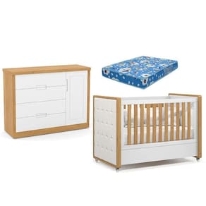 Berço Americano Capitonê New Boucle E Cômoda Infantil Tutto New Freijó Branco Acetinado E Colchão