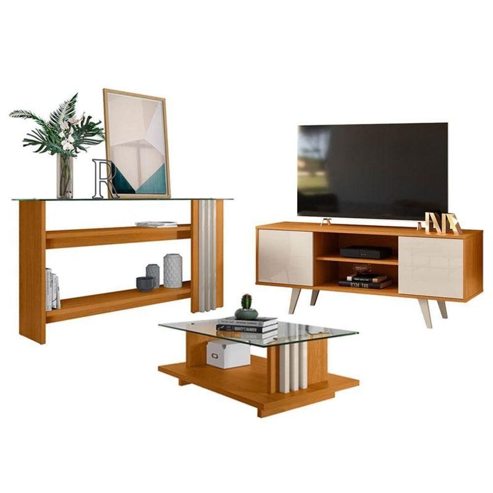 Rack Bancada Lisboa Com Aparador E Mesa De Centro Frizz Cinamomo Off White - Madetec