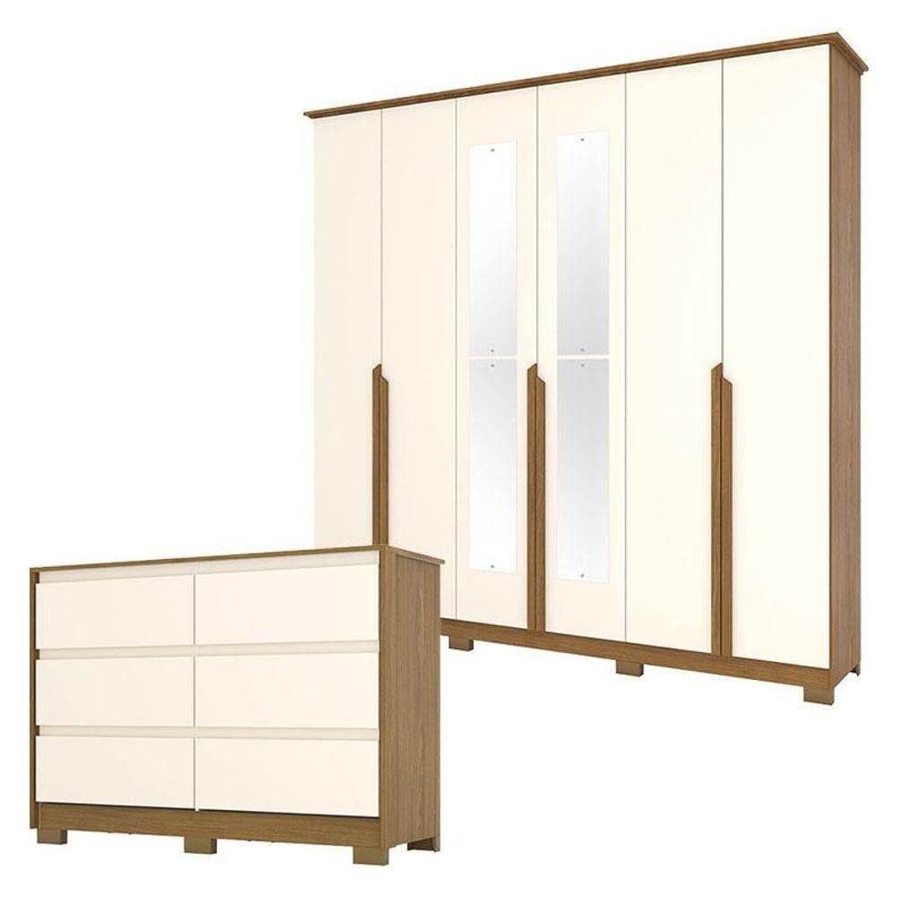Cômoda Ravenna E Guarda Roupa Casal Andréas Nature Off White Com Espelho - Henn