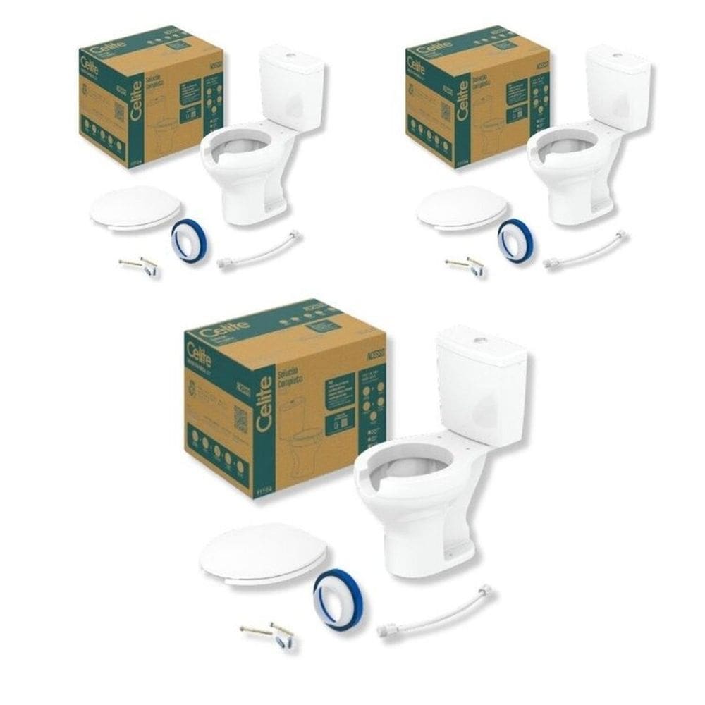 Kit 3 Vaso Sanitário com Caixa Acoplada e Assento com Abertura Acesso Celite Branco