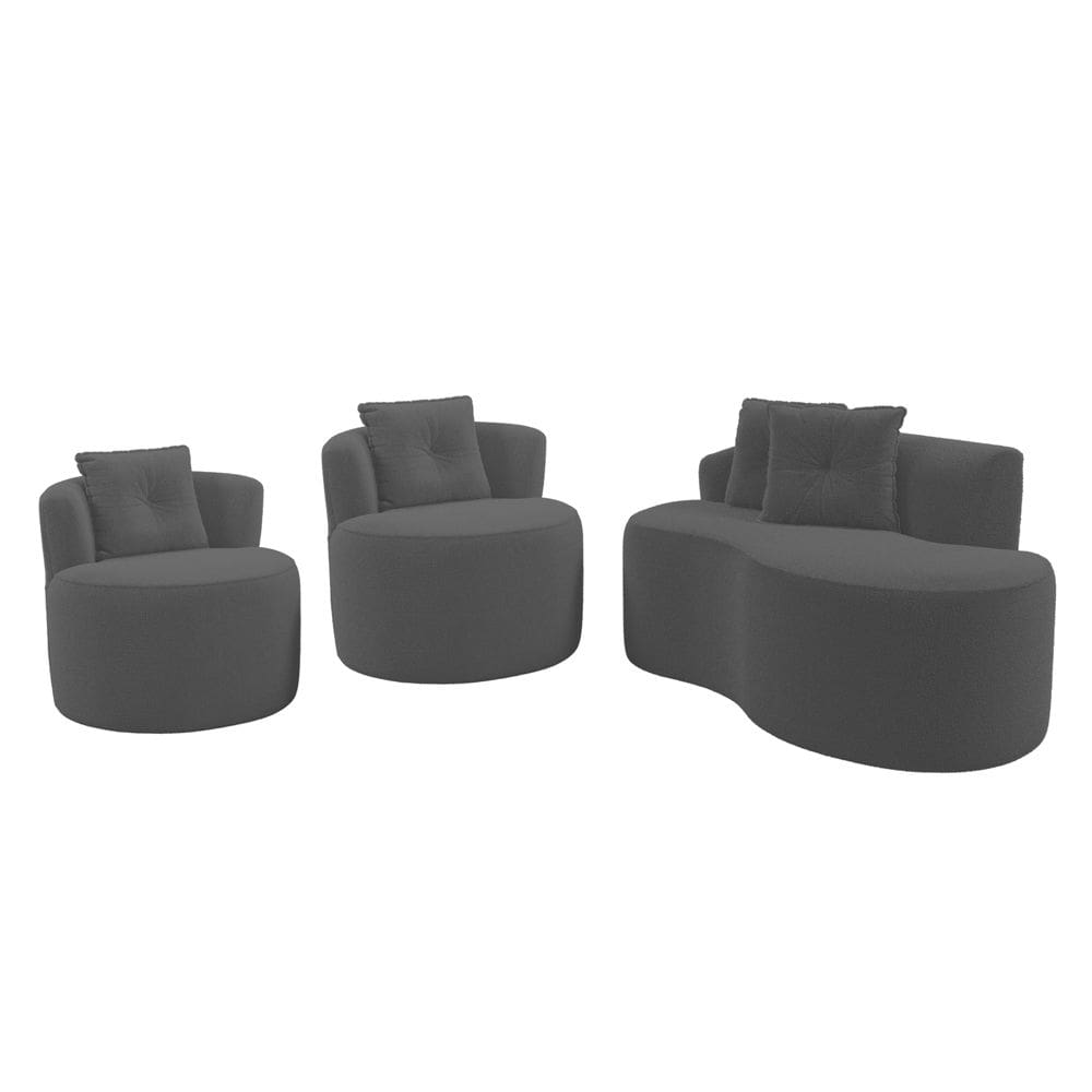Kit Sofá e 02 Poltronas Orgânicas Living Bob com Almofadas Bouclê Cinza Escuro - Desk Design