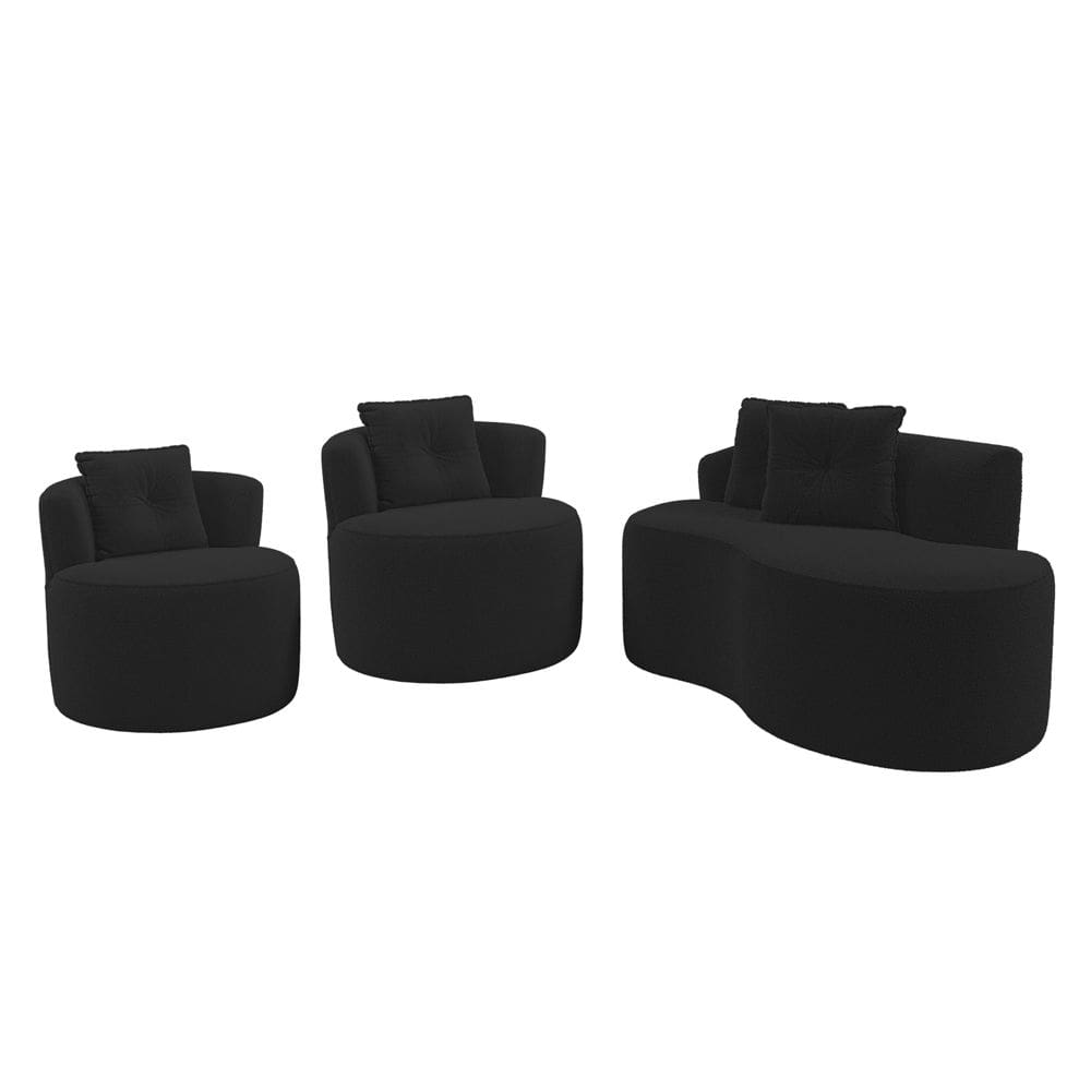 Kit Sofá e 02 Poltronas Orgânicas Living Bob com Almofadas Bouclê Preto - Desk Design