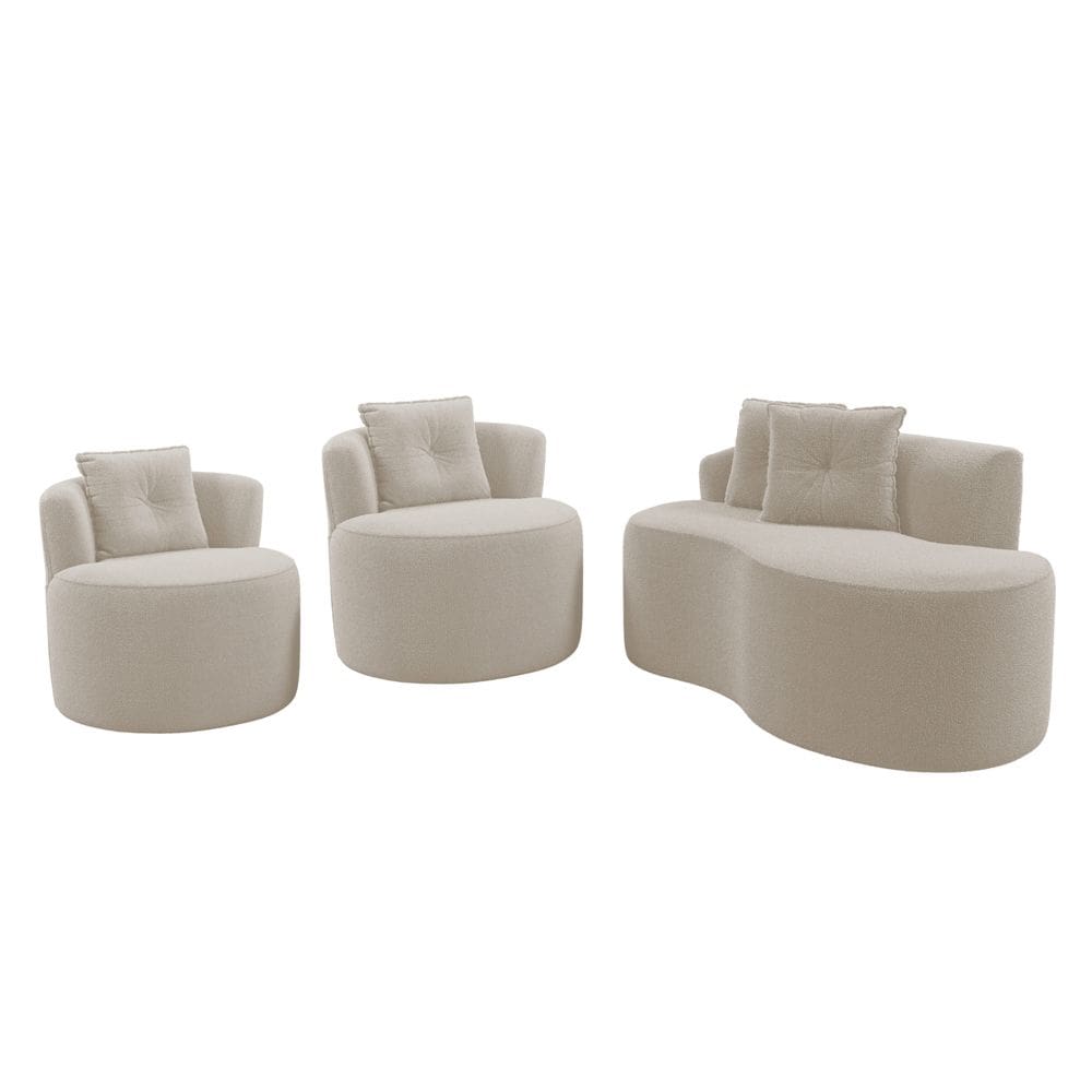 Kit Sofá e 02 Poltronas Orgânicas Living Bob com Almofadas Bouclê Bege - Desk Design