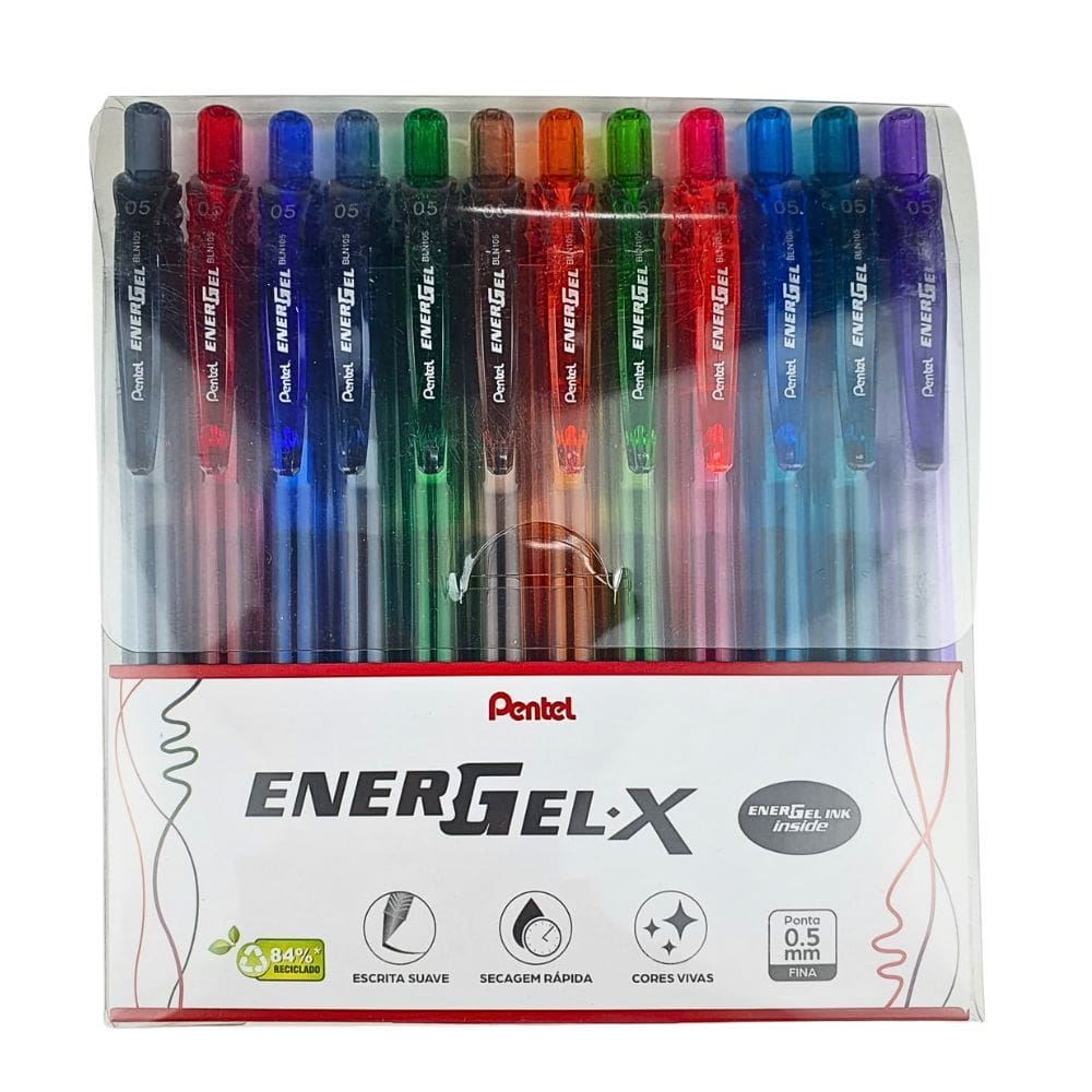 Blister Kit 12 Canetas Gel EnerGel-X 0.5mm Retrátil PENTEL Escrita Macia Secagem Rápida