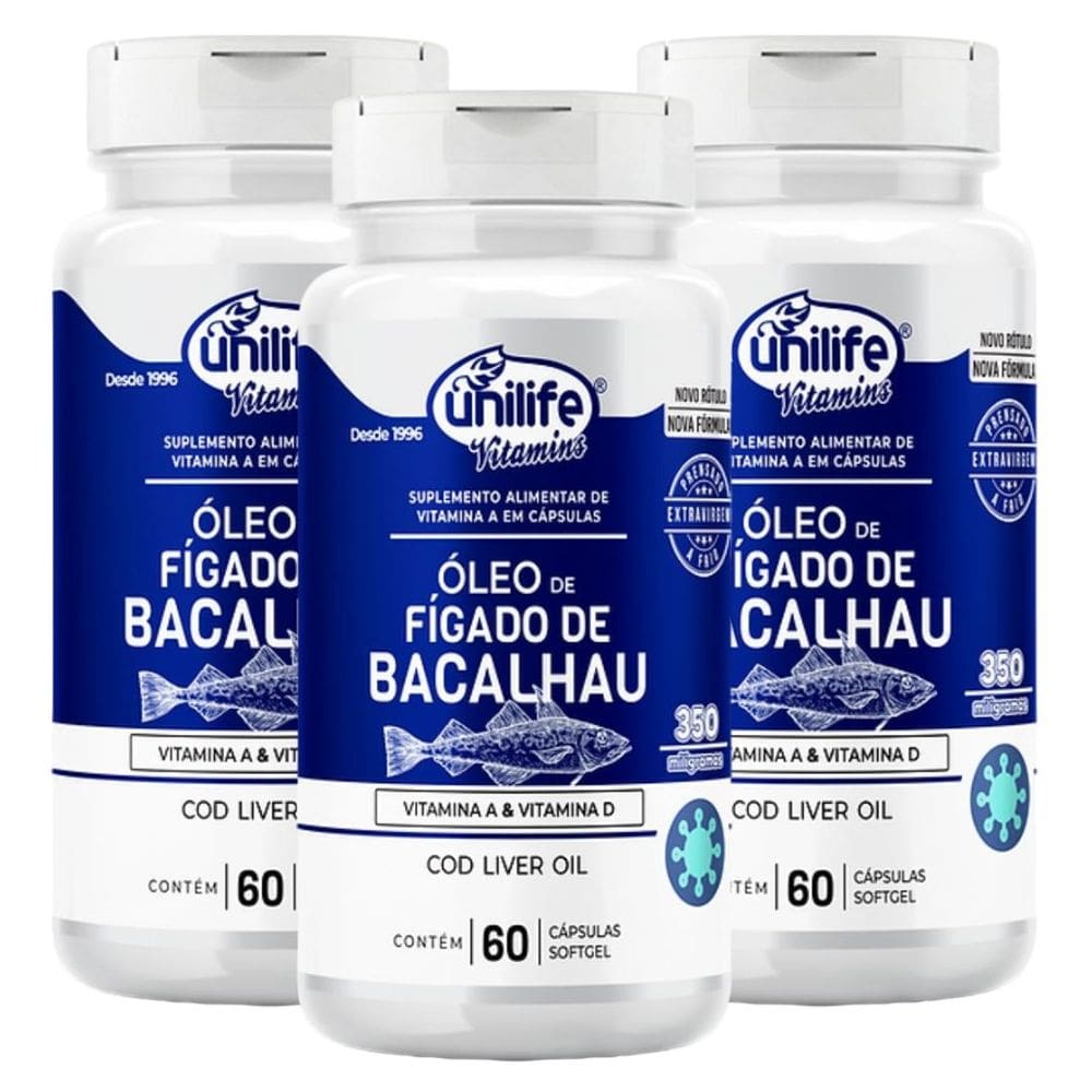 Óleo de Fígado de Bacalhau Vitaminas A e D 60 Caps 350mg Kit com 3