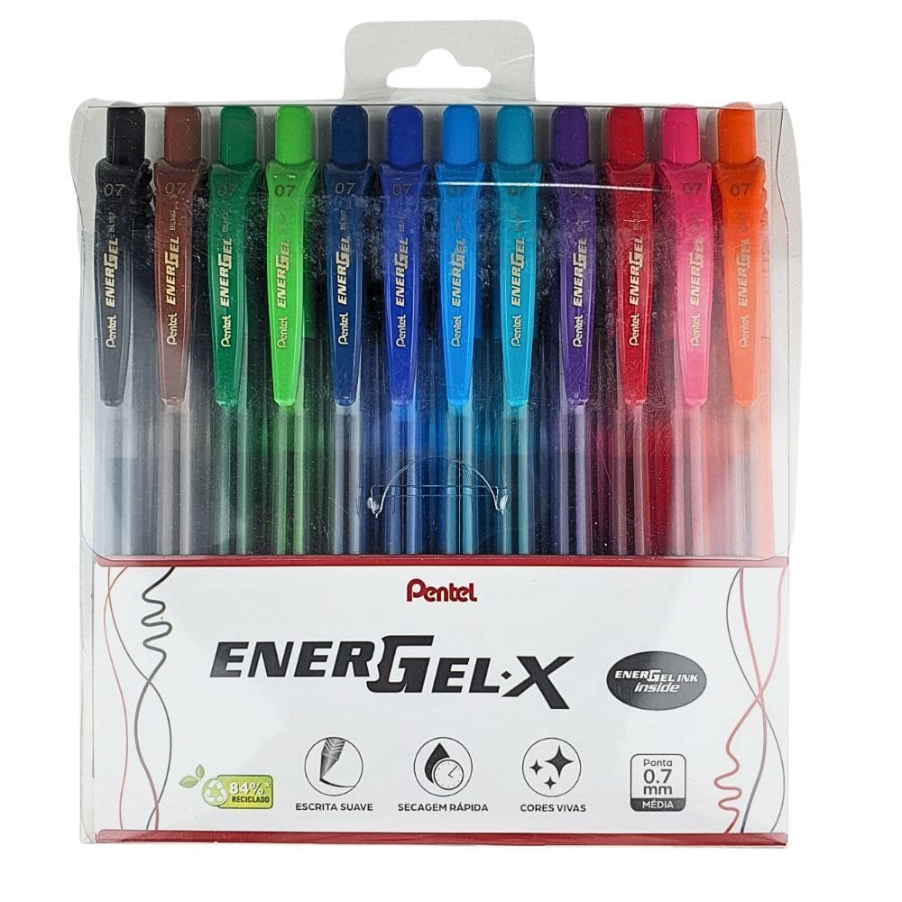 Caneta Gel EnerGel-X 0.7mm Retrátil PENTEL Blister 12 Cores Escrita Macia Secagem Rápida