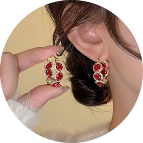 Brinco Feminino Delicado Argola Dourado Rosa Vermelha Strass
