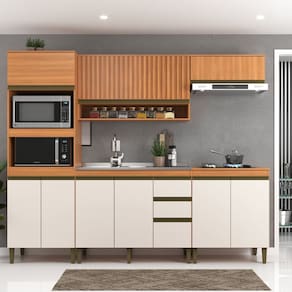 Cozinha Cecilia 5 Pecas Aereo Ripado Aereo Balcão Cooktop Freijó/Off White