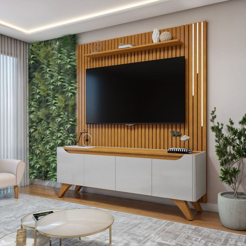 Conjunto Rack Grécia 180cm com Painel Ripado com Led para Tv de até 75 Polegadas com Led Paris Off White/Naturalle