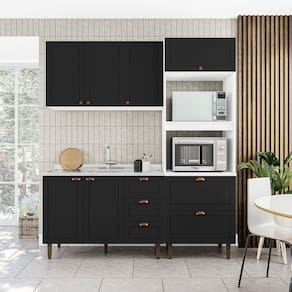 Cozinha Pérola Completa 3 Peças Aéreo 3 Portas e Balcão 2 Gavetas 3 Portas e Torre Quente Yescasa Branco/Preto