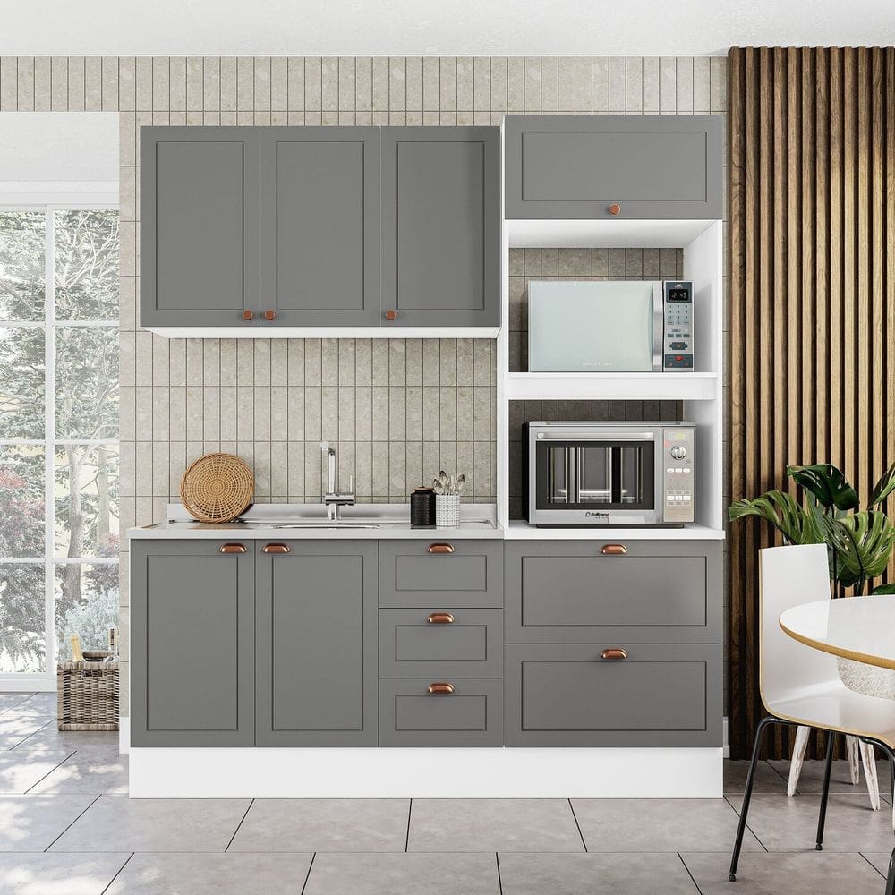 Cozinha Pérola com Rodapé Completa 3 Peças Aéreo 3 Portas e Balcão 2 Gavetas 3 Portas e Torre Quente Branco/Cinza