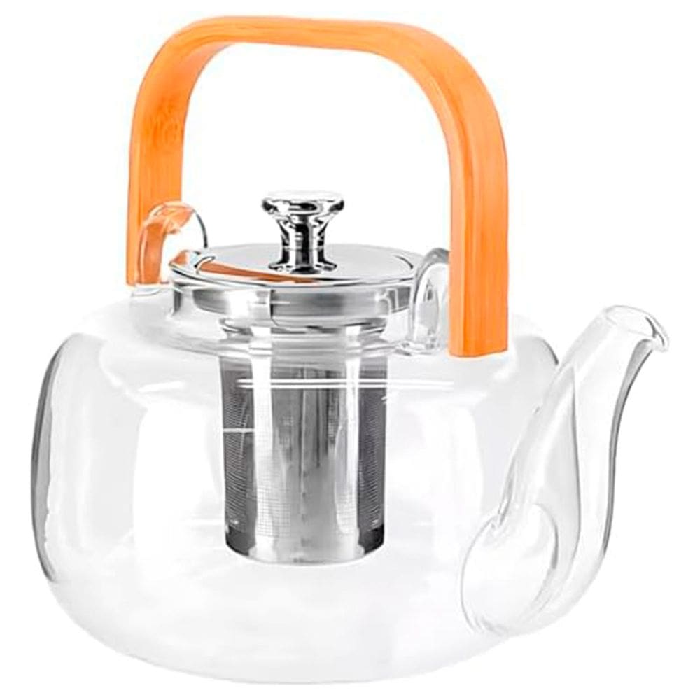 Chaleira de Vidro Borosilicato Base Plana C/ Infusor Inox e Alça de Madeira Vai Direto ao Fogo