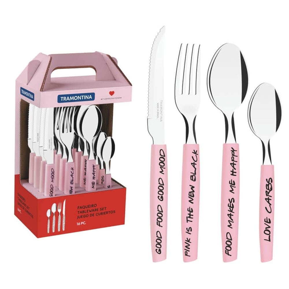 Faqueiro Tramontina My Lovely Kitchen com Lâminas em Aço Inox e Cabos de Polipropileno Rosa 16 Peças