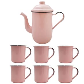 Bule Café Esmaltado 1,25 Litros e 6 Xícaras 70ml Tradicional Rosa
