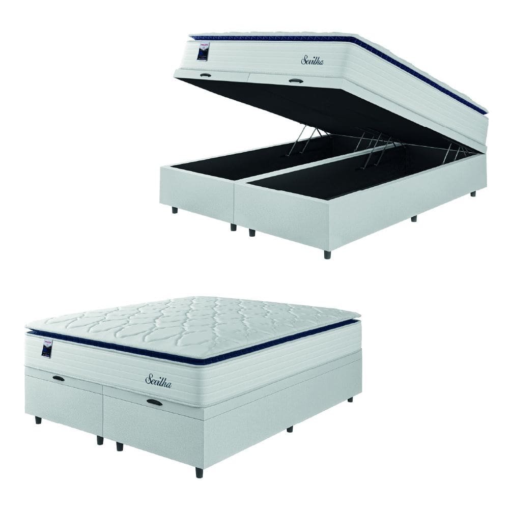 Cama Box Baú Casal Queen Colchão Molas Ensacadas Com Pillow Sevilha 158x198x74cm Branco/Cinza Hellen – Suporta Até 150 Kg Por Pessoa