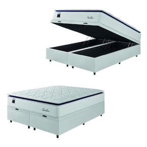 Cama Box Baú Casal King Colchão Molas Ensacadas Com Pillow Sevilha 193x203x74cm Branco/Cinza Hellen – Suporta Até 150 Kg Por Pessoa