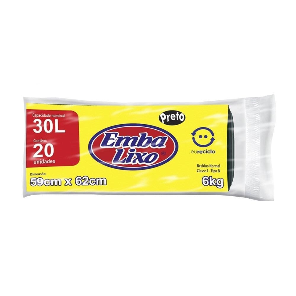 Saco para Lixo Embalixo Rolo Preto 30 Litros - Pacote com 20 Unidades
