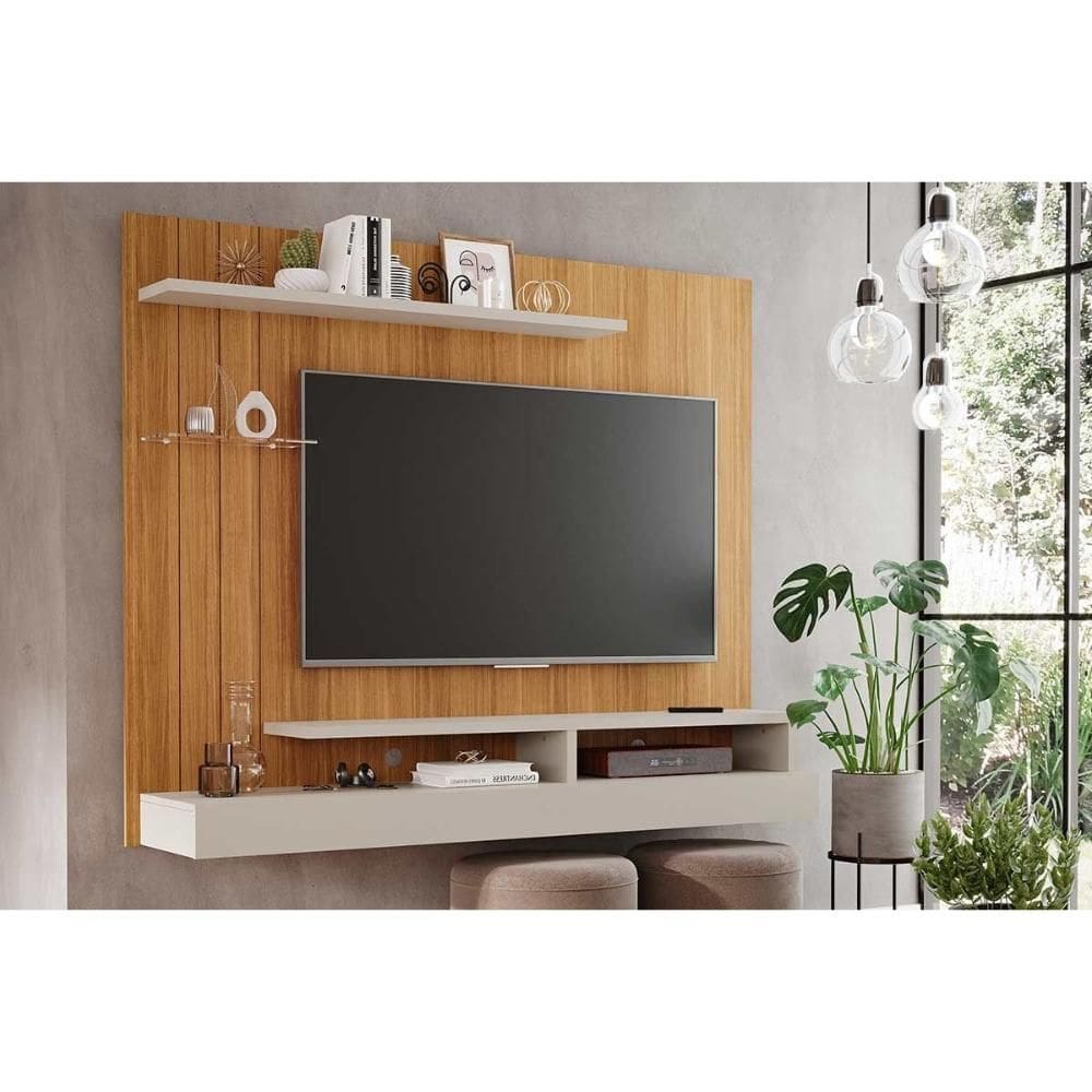 Painel Home p/TV até 50 Polegadas Valência Plus c/ Prateleira e Nichos 160x135cm Nature/Off White - Permóbili