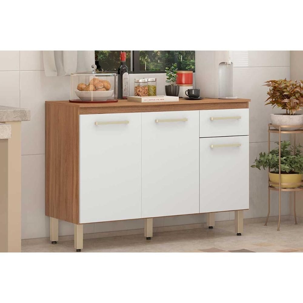 Balcão de Cozinha c/ Tampo Dama c/ 3 Portas e 1 Gaveta 120cm Amendola/Branco - Demóbile