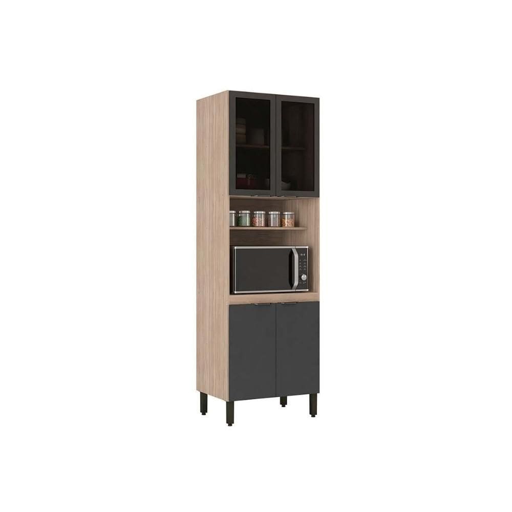 Paneleiro de Cozinha Modulado Firenze Torre Quente Forno c/ Prateleira 4 Portas c/ 2Vidro 70x218cm Avena/Grafito - Demóbile