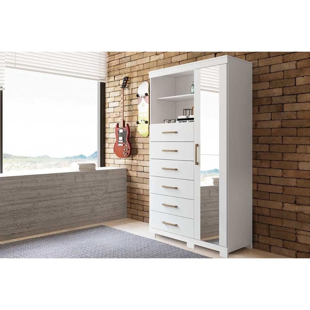 Cômoda de Quarto Marabá 1.6 c/ 1 Porta c/ Espelho 6 Gavetas e Pés Branco - Santos Andirá
