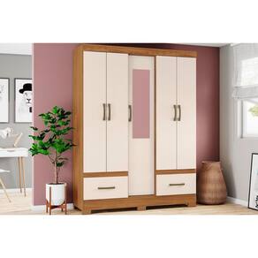 Guarda Roupa Solteiro 5 Portas (1 c/ Espelho) e 2 Gavetas c/ Pés Briz B60 Nature/Off White - Henn