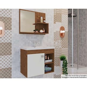 Balcão p/ Banheiro Suspenso Lótus Bia 1Pta e 2Nichos +Armário Espelheira +Bancada Pia 55cm cor Amendoa/Branco - MGM