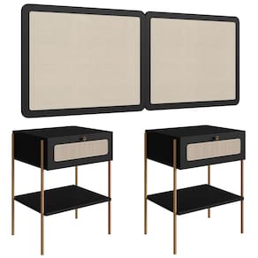 Cabeceira Casal e Queen Com 2 Mesas Laterais Arlo A10 Nero/Dourado - Mpozenato