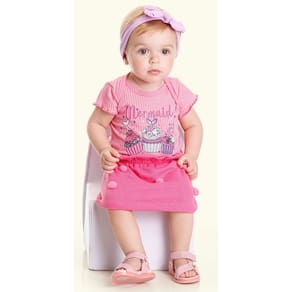 Conjunto Bebê Menina Body Canelado Estampado e Saia Rosa