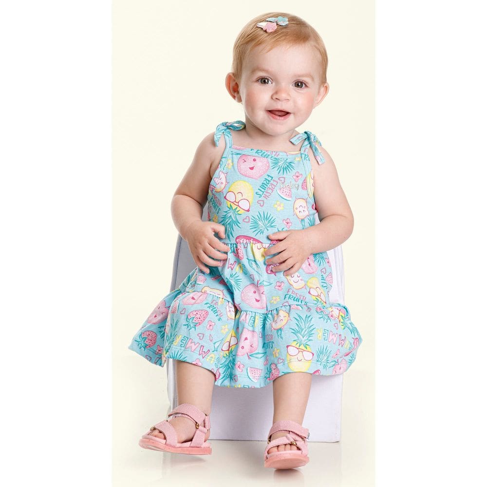 Vestido Bebê Menina Meia Malha Alcinha Estampado Verde Claro