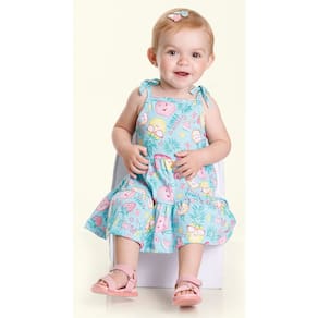 Vestido Bebê Menina Meia Malha Alcinha Estampado Verde Claro