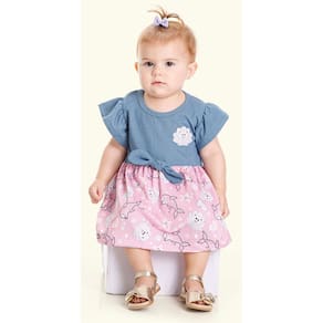 Vestido Bebê Menina Jeans e Crepe Sublimado Azul e Rosa