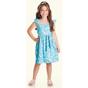 Vestido Menina Azul Soltinho com Estampa de Florzinhas Verão