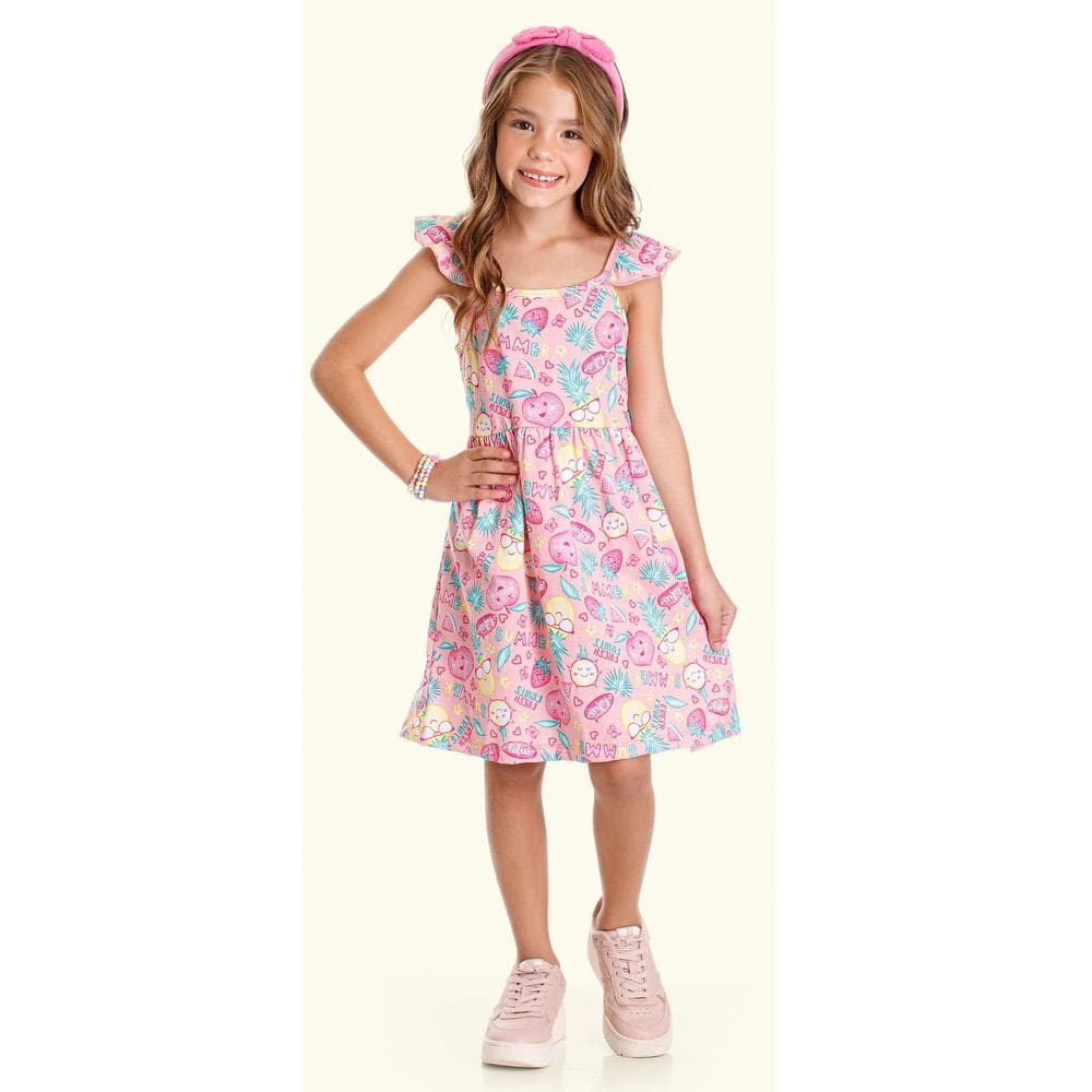 Vestido Menina Rosa Soltinho com Estampa Verão e Manguinha