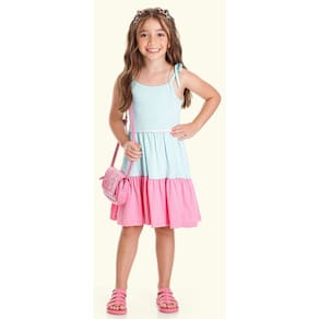 Vestido Menina Alcinha Verde e Rosa com Pompom Colorido