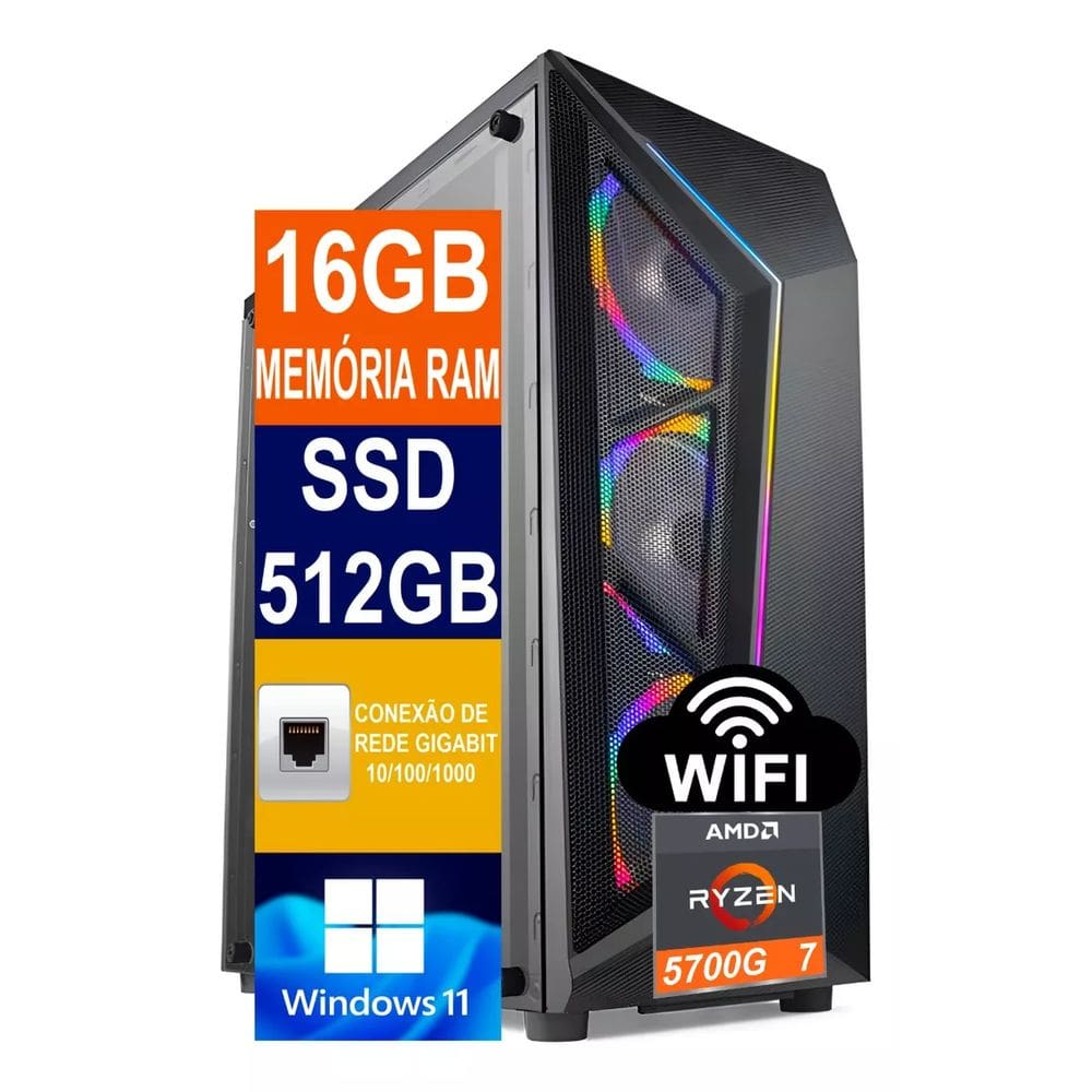 Computador Tech Power AMD Ryzen 7 5700g, SSD 512GB Nvme M.2, 16GB De Memória DDR4, WINDOWS 11 Pro