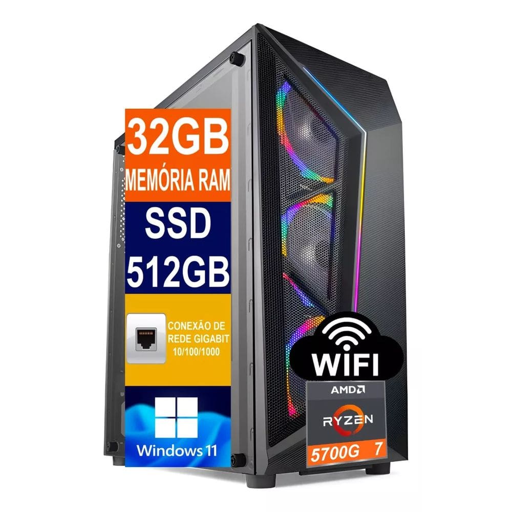 Computador Tech Power AMD Ryzen 7 5700g, SSD 512GB Nvme M.2, 32GB De Memória DDR4, WINDOWS 11 Pro