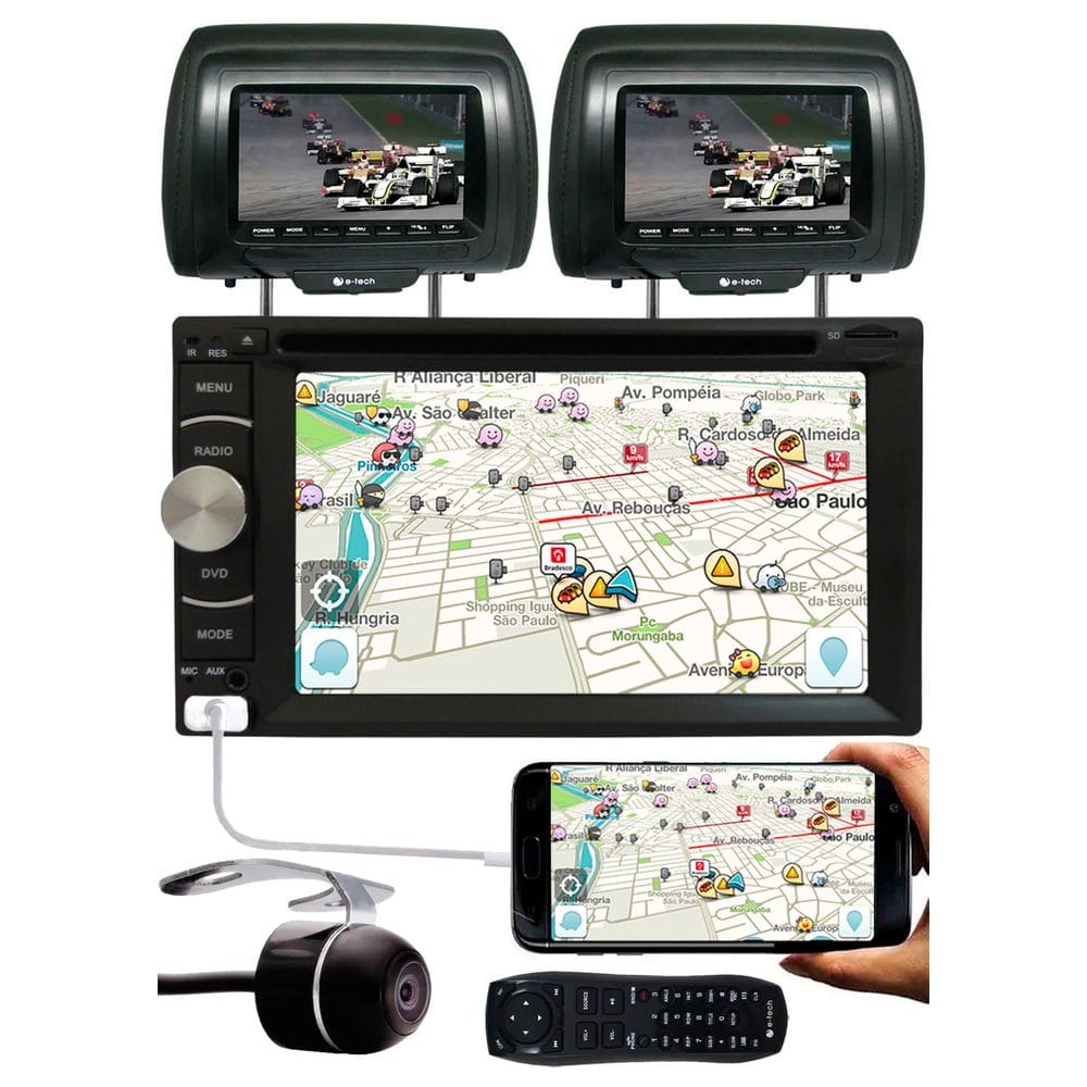 DVD Player 2 Din Tiger Auto + 2 Encosto AV + Câmera Ré