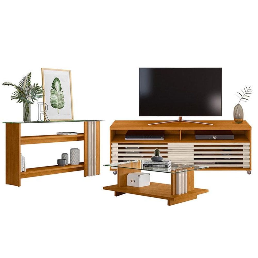 Rack Bancada com Aparador e Mesa de Centro Frizz Cross Cinamomo Off White – Madetec