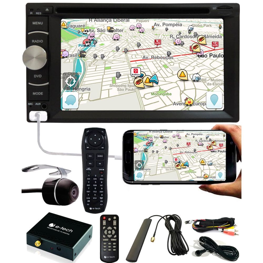 DVD Player 2 DIN E-Tech + Câmera Ré + SintonizadorDigital