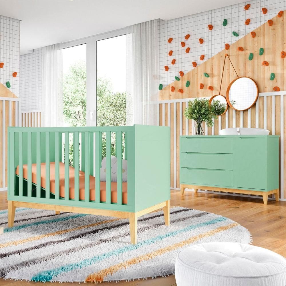 Quarto De Bebê Retrô Amor Perfeito Berço E Cômoda Com Porta