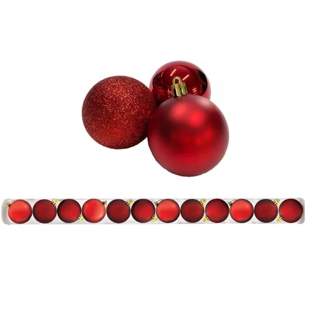 Kit 12 Bolas De Natal Mista Fosca, Lisa E Glitter Vermelha 5cm - Master Christmas