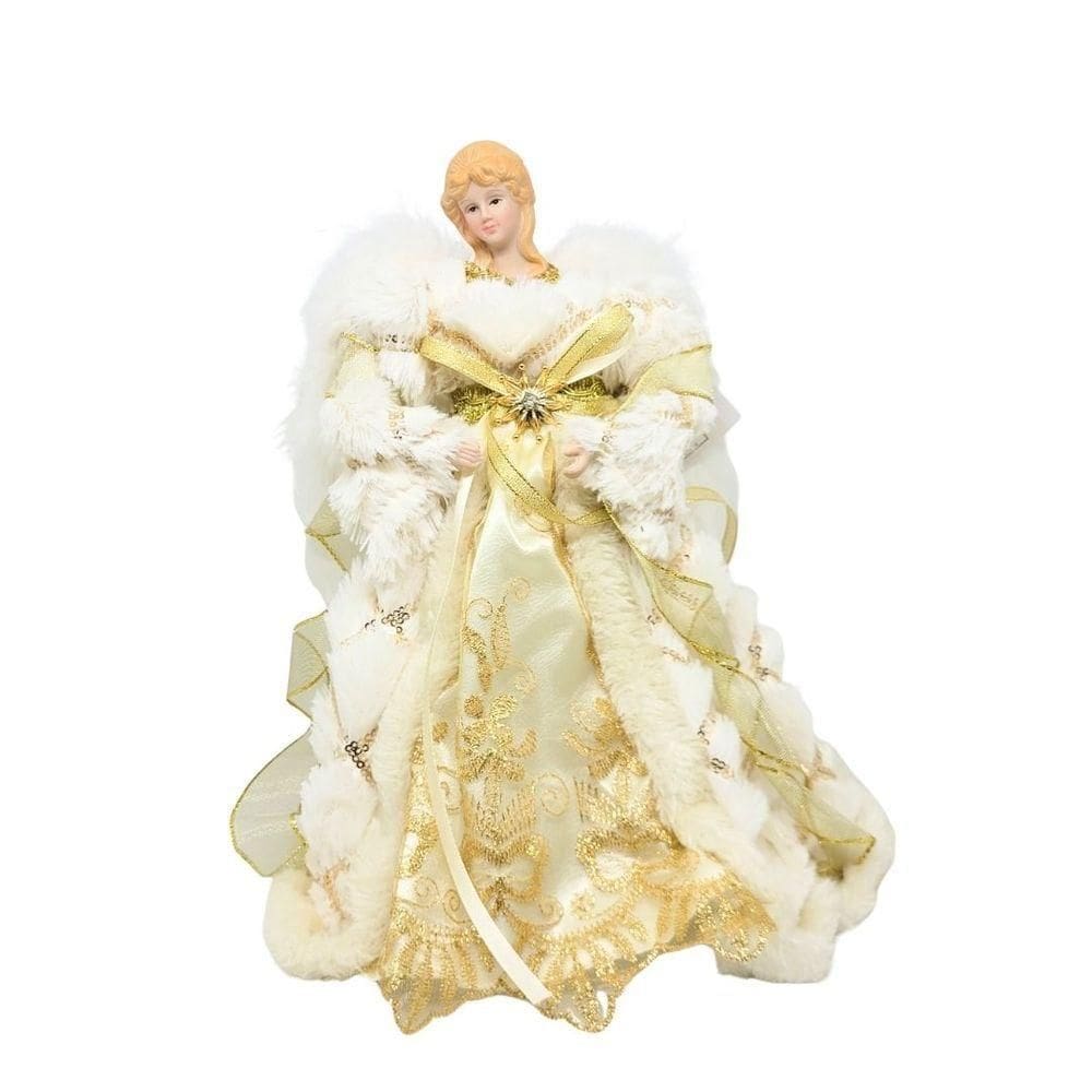 Anjo Decorativo Natal Ponteira árvore Veludo Branco E Dourado Luxo 30cm - Noel Decor