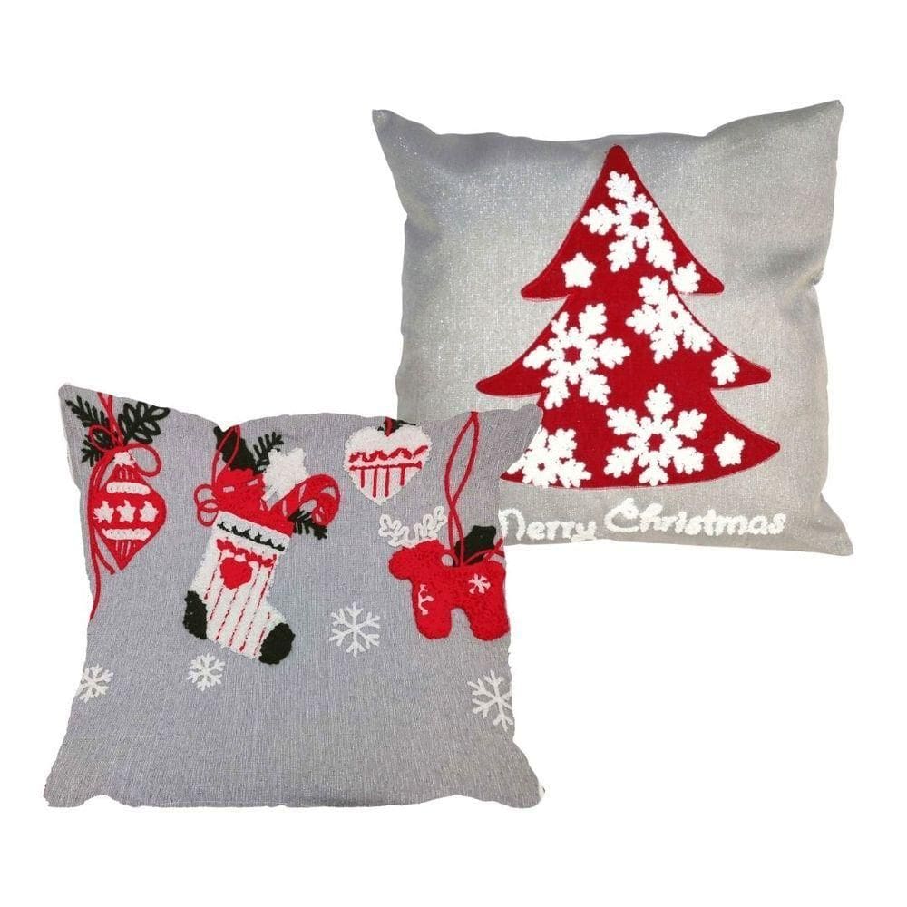Jogo 2 Capas De Almofada Natalina Cinza Claro Brilho Bordado Felpudo Premium 45x45cm - Magizi