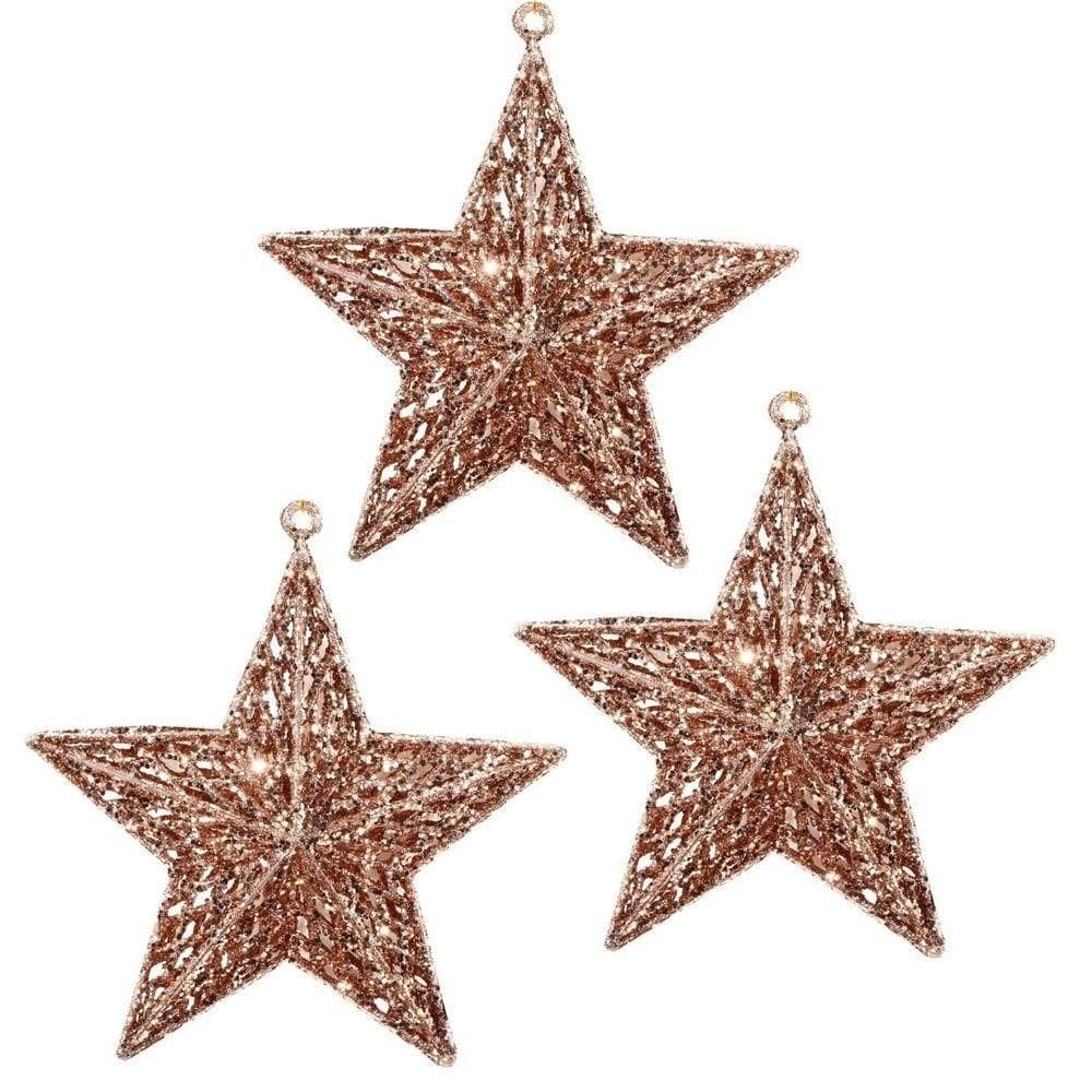Kit 3 Estrelas Decorativas Natal Glitter Vazado Rosê Gold 18cm - Magizi