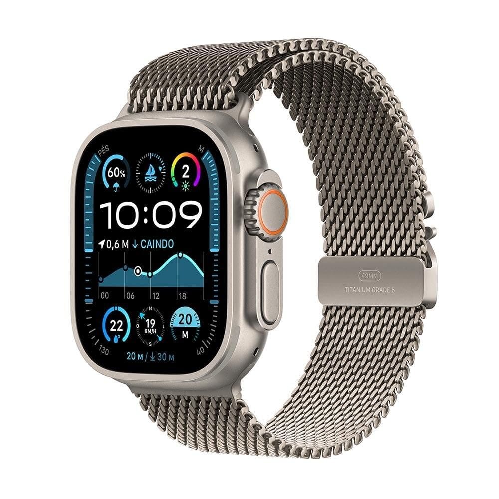 Apple Watch Ultra 2 GPS + Cellular • Caixa natural de titânio de 49 mm • Pulseira natural estilo milanês de titânio – M